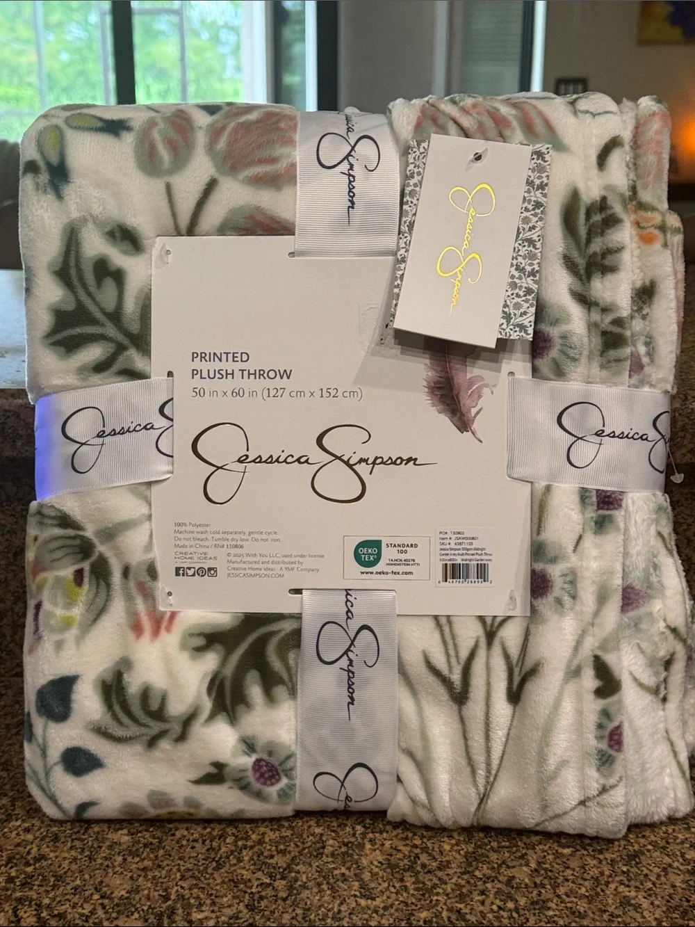 Jessica Simpson Floral Plush Throw - Cream with Green & Pink Accents